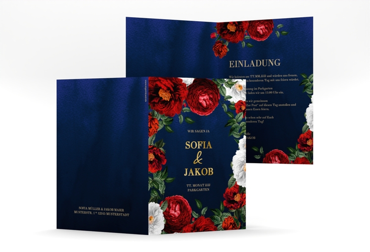 Einladungskarte Hochzeit Florista A6 Klappkarte hoch blau gold
