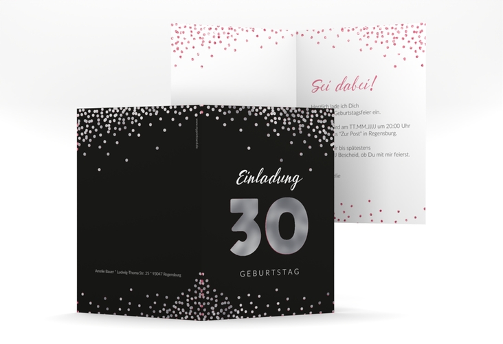 Einladung 30. Geburtstag Glitzer A6 Klappkarte hoch pink silber