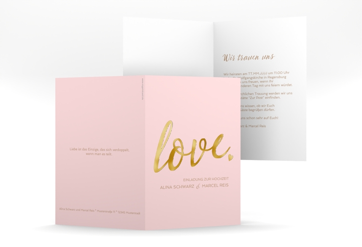 Einladungskarte Hochzeit Glam A6 Klappkarte hoch rosa gold
