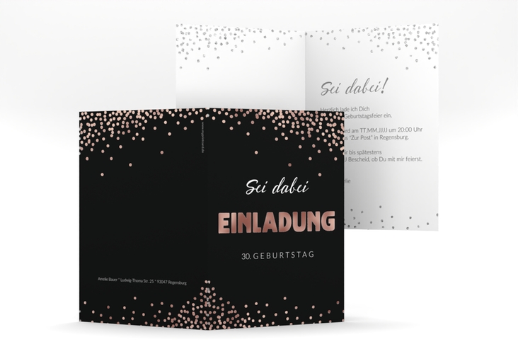 Einladung Geburtstag Glitzer A6 Klappkarte hoch grau rosegold