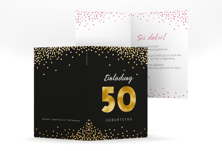 Einladung 50. Geburtstag Glitzer A6 Klappkarte hoch pink gold