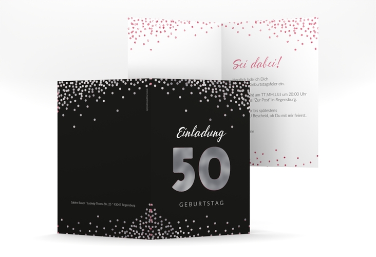 Einladung 50. Geburtstag Glitzer A6 Klappkarte hoch pink silber