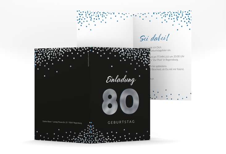 Einladung 80. Geburtstag Glitzer A6 Klappkarte hoch blau silber