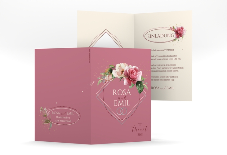 Einladungskarte Hochzeit Rosenbogen A6 Klappkarte hoch rosa silber