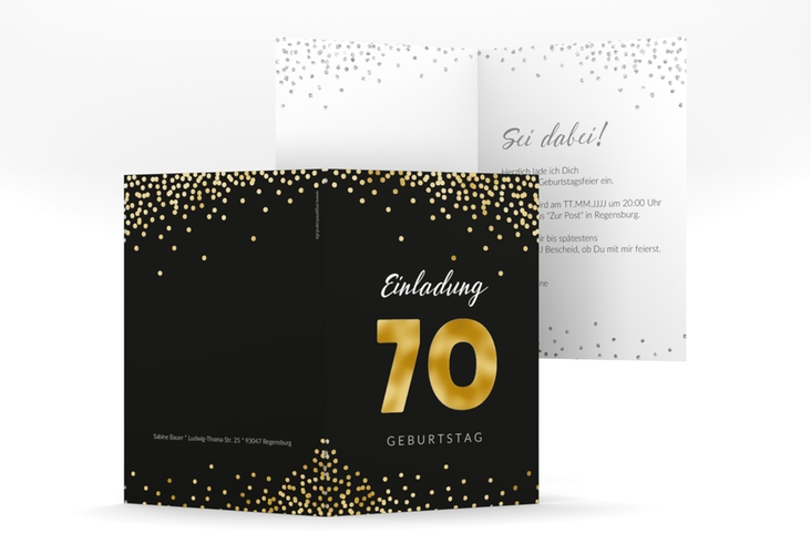 Einladung 70. Geburtstag Glitzer A6 Klappkarte hoch grau gold
