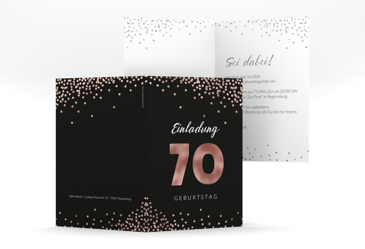Einladung 70. Geburtstag Glitzer A6 Klappkarte hoch grau rosegold