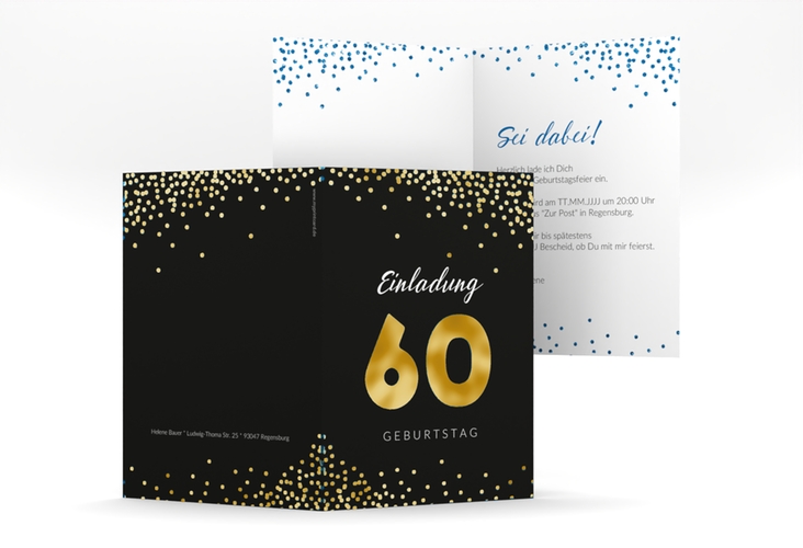 Einladung 60. Geburtstag Glitzer A6 Klappkarte hoch blau gold