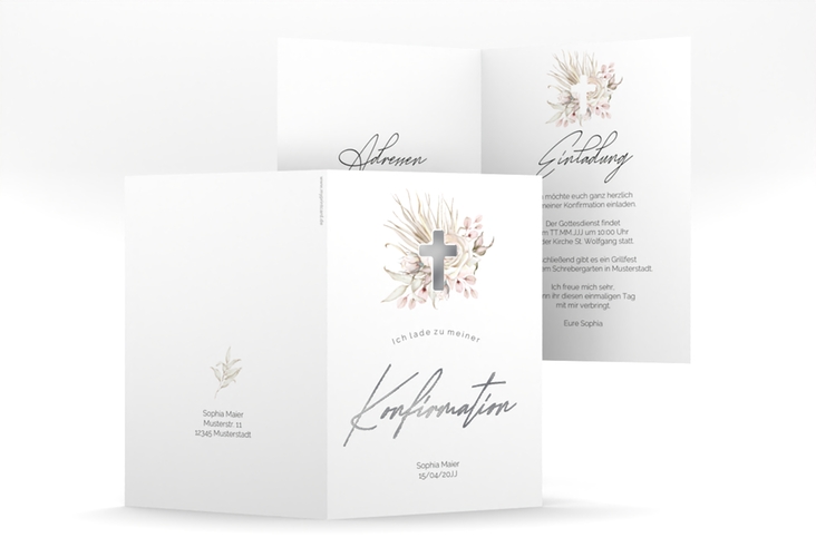 Konfirmationseinladung Boho Cross A6 Klappkarte hoch rosa silber