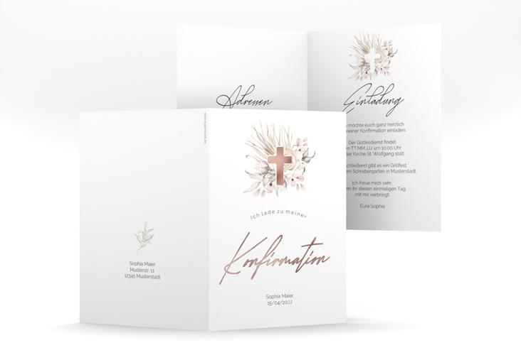 Konfirmationseinladung Boho Cross A6 Klappkarte hoch rosa rosegold