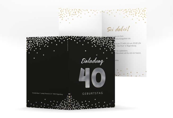 Einladung 40. Geburtstag Glitzer A6 Klappkarte hoch gold silber
