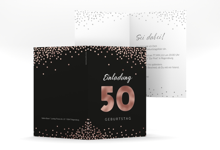 Einladung 50. Geburtstag Glitzer A6 Klappkarte hoch grau rosegold