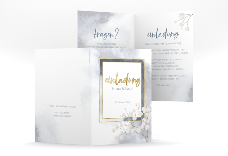 Einladungskarte Hochzeit Winter A6 Klappkarte hoch blau gold mit Schleierkraut