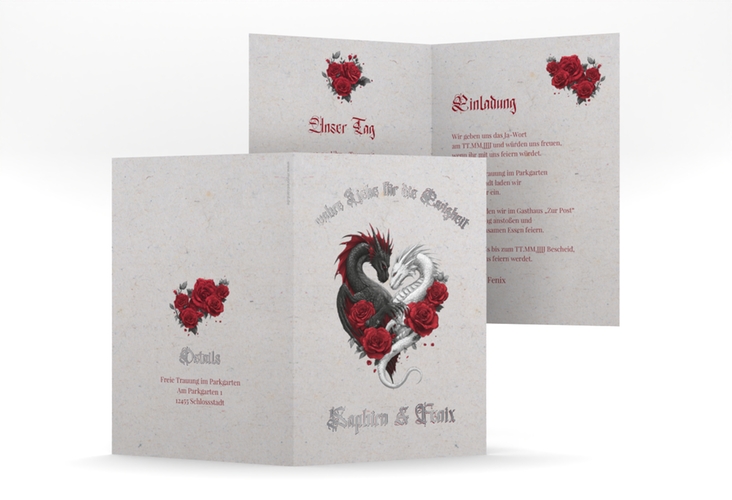 Einladungskarte Hochzeit Drachenliebe A6 Klappkarte hoch grau silber mit schwarzem und weißem Drachen zu einem Herz verschlungen