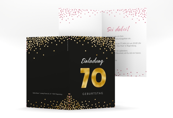 Einladung 70. Geburtstag Glitzer A6 Klappkarte hoch pink gold