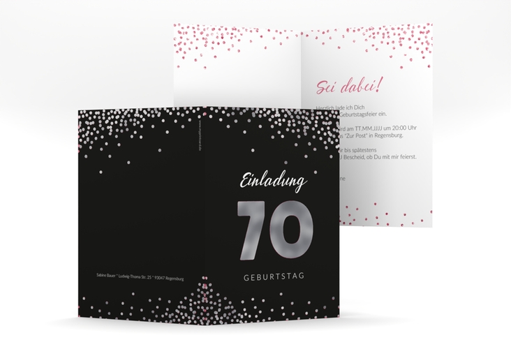 Einladung 70. Geburtstag Glitzer A6 Klappkarte hoch pink silber
