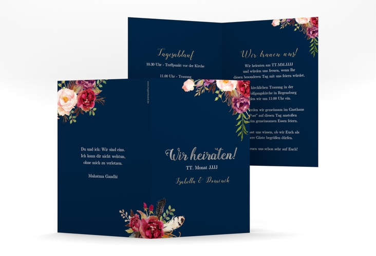 Einladungskarte Hochzeit Flowers A6 Klappkarte hoch blau silber mit bunten Aquarell-Blumen