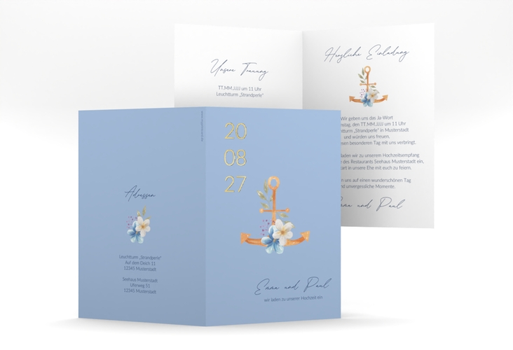 Einladungskarte Hochzeit Anker Floral A6 Klappkarte hoch blau gold