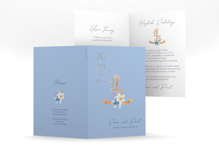 Einladungskarte Hochzeit Anker Floral A6 Klappkarte hoch blau silber