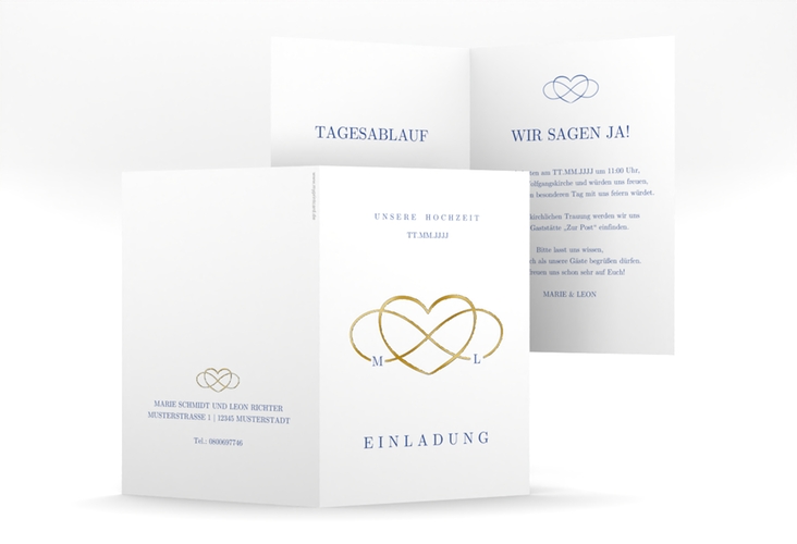Einladungskarte Hochzeit Infinity A6 Klappkarte hoch blau gold