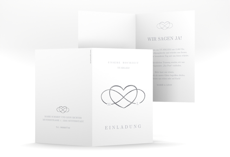 Einladungskarte Hochzeit Infinity A6 Klappkarte hoch grau silber