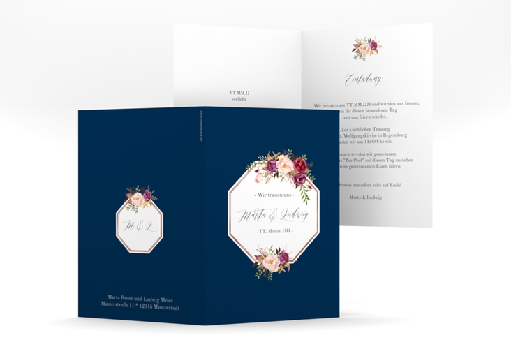 Einladungskarte Hochzeit Prachtvoll A6 Klappkarte hoch blau rosegold