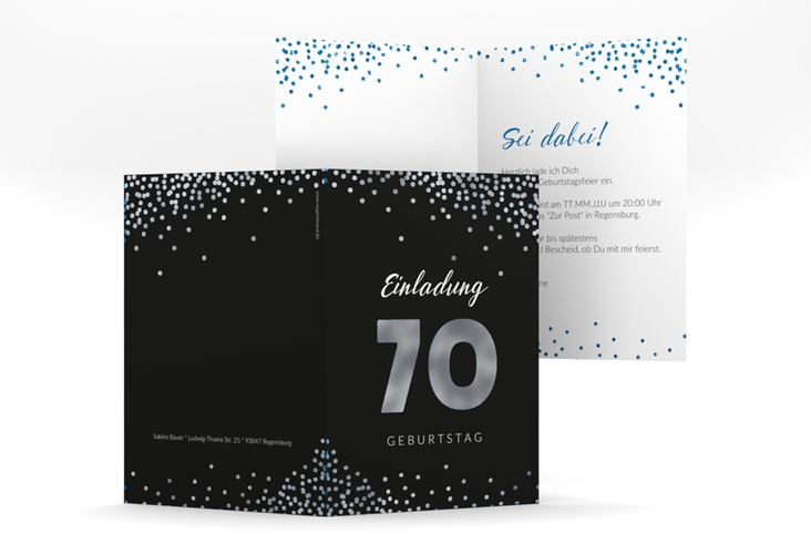 Einladung 70. Geburtstag Glitzer A6 Klappkarte hoch blau silber