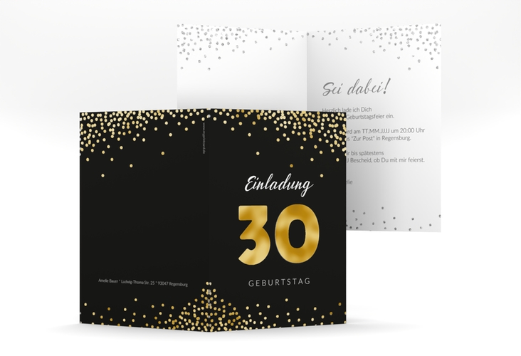 Einladung 30. Geburtstag Glitzer A6 Klappkarte hoch grau gold