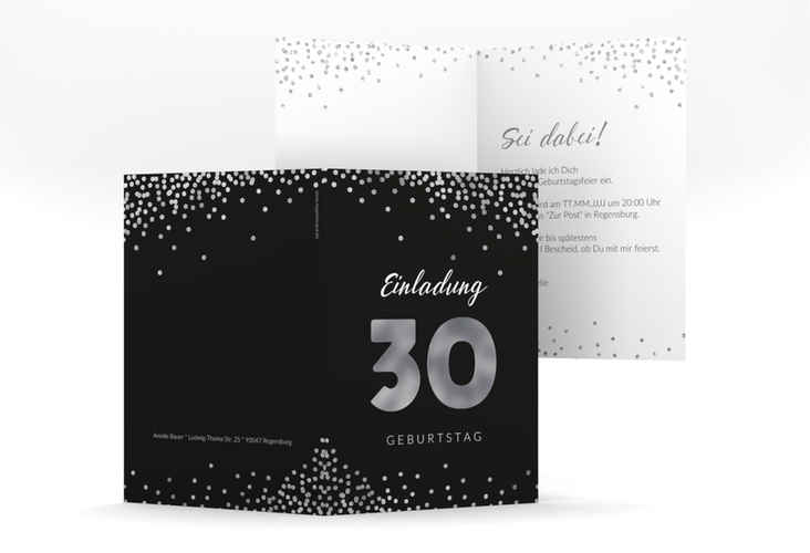 Einladung 30. Geburtstag Glitzer A6 Klappkarte hoch grau silber
