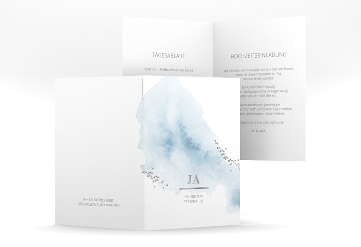 Einladungskarte Hochzeit Pastell A6 Klappkarte hoch blau silber