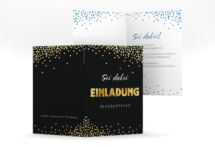 Einladung Geburtstag Glitzer A6 Klappkarte hoch blau gold