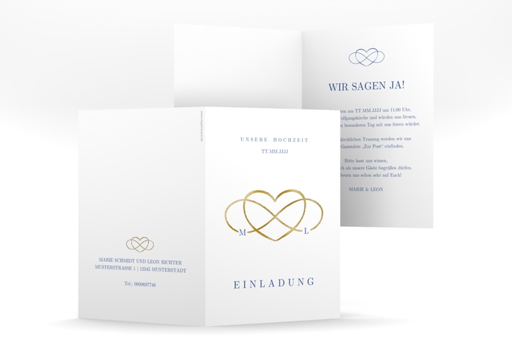 Einladungskarte Hochzeit Infinity A6 Klappkarte hoch blau gold