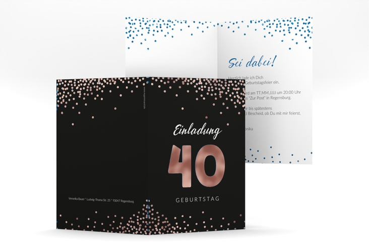 Einladung 40. Geburtstag Glitzer A6 Klappkarte hoch blau rosegold
