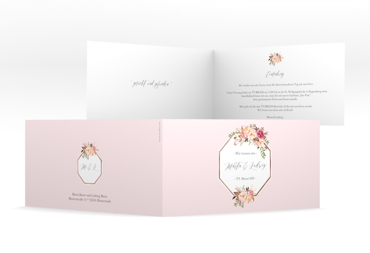 Hochzeitseinladung Prachtvoll lange Klappkarte quer rosa rosegold