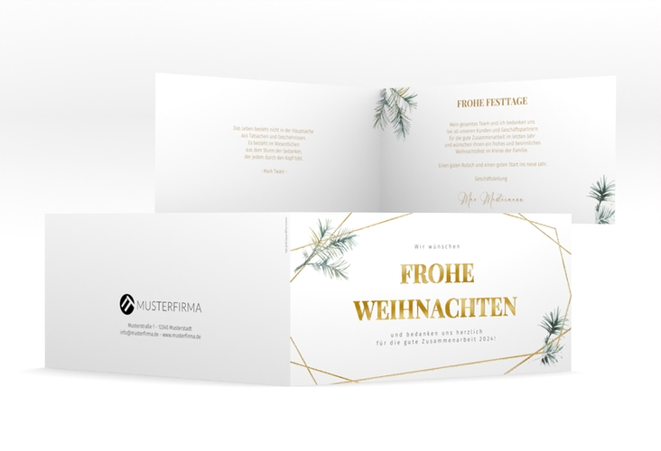 Geschäftliche Weihnachtskarte Edeltanne lange Klappkarte quer gold gold mit Tannenzweigen und edlem Goldrahmen