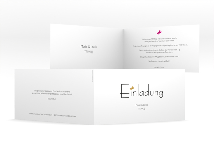 Hochzeitseinladung Twohearts lange Klappkarte quer pink gold