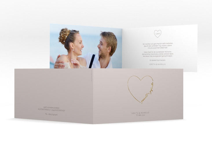 Danksagungskarte Hochzeit Lebenstraum lange Klappkarte quer grau gold