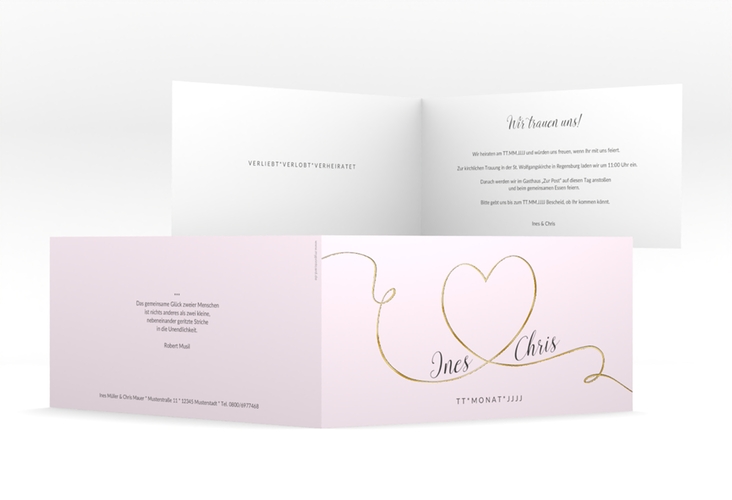Hochzeitseinladung Dolce lange Klappkarte quer rosa gold