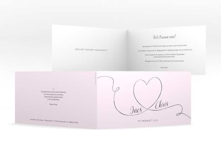 Hochzeitseinladung Dolce lange Klappkarte quer rosa silber
