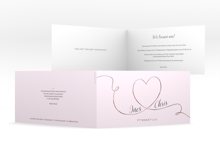 Hochzeitseinladung Dolce lange Klappkarte quer rosa rosegold