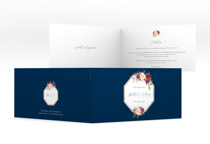Hochzeitseinladung Prachtvoll lange Klappkarte quer blau rosegold