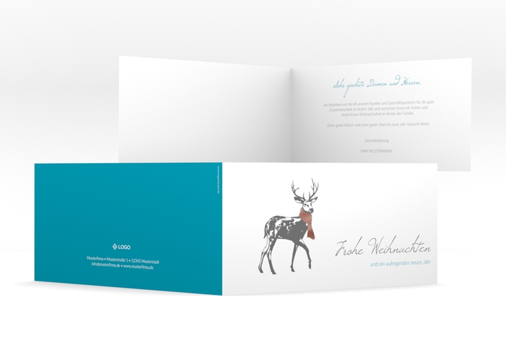 Geschäftliche Weihnachtskarte Hirsch lange Klappkarte quer blau rosegold mit Hirsch mit Schal
