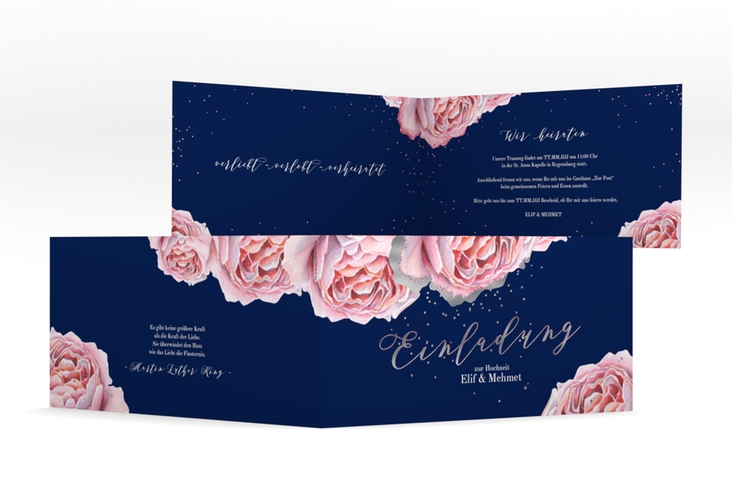 Hochzeitseinladung Cherie lange Klappkarte quer rosa silber