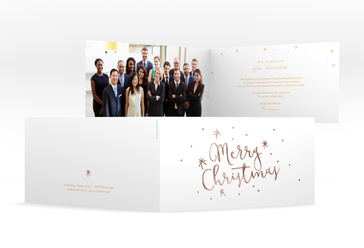 Geschäftliche Weihnachtskarte Winterfreude lange Klappkarte quer gold rosegold