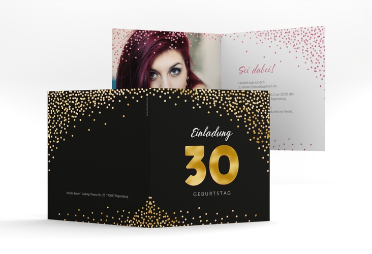 Einladung 30. Geburtstag Glitzer quadr. Klappkarte pink gold