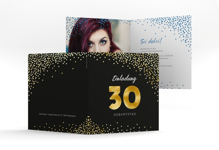 Einladung 30. Geburtstag Glitzer quadr. Klappkarte blau gold
