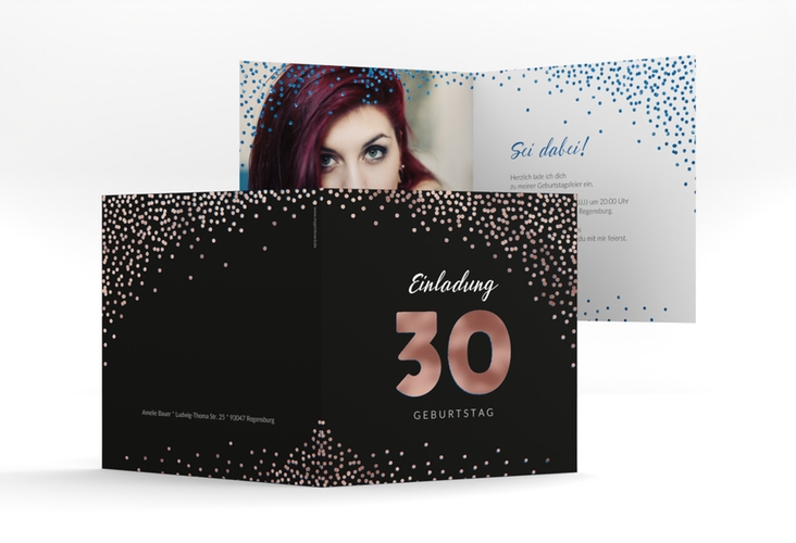 Einladung 30. Geburtstag Glitzer quadr. Klappkarte blau rosegold
