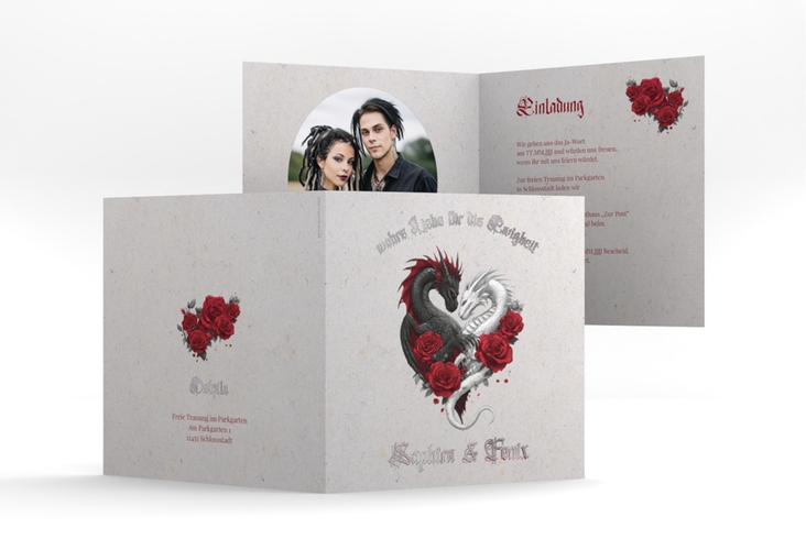 Hochzeitseinladung Drachenliebe quadr. Klappkarte grau silber