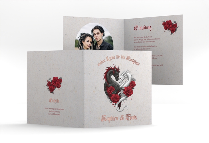 Hochzeitseinladung Drachenliebe quadr. Klappkarte grau rosegold