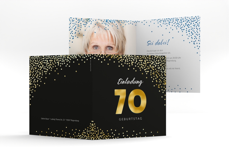 Einladung 70. Geburtstag Glitzer quadr. Klappkarte blau gold
