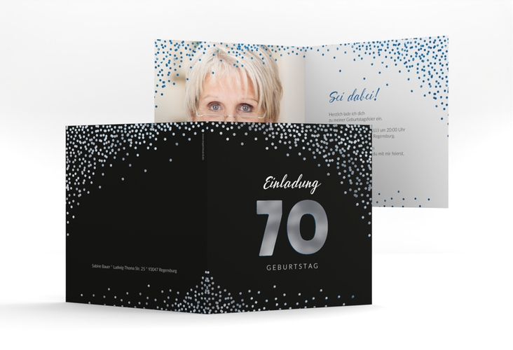 Einladung 70. Geburtstag Glitzer quadr. Klappkarte blau silber